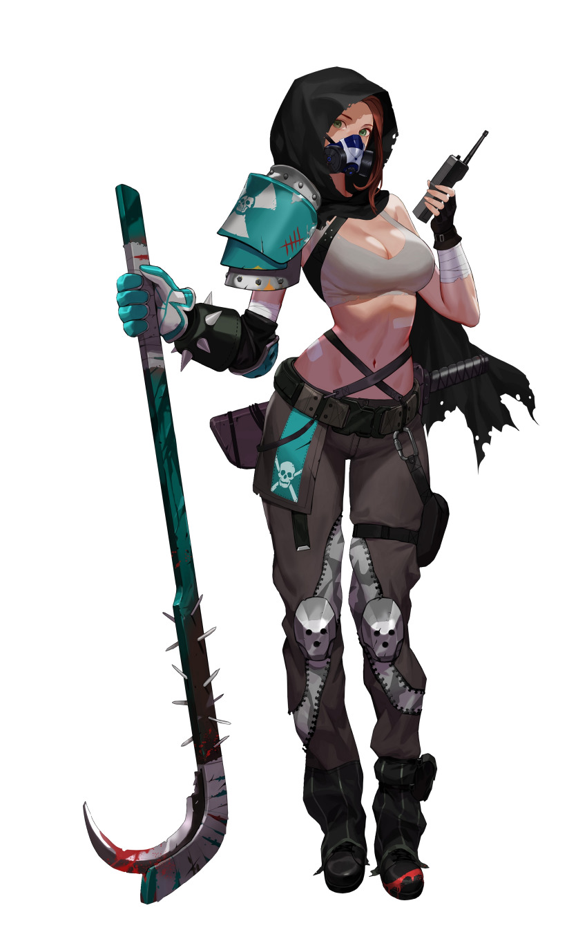 1girl, absurdres, armor, artist_request, asymmetrical_gloves, bandaged_arm, bandages, bandaid, bandaid_on_stomach, barbara_erlenwein, bare_shoulders, belt, black_boots, black_gloves, black_survival, blue_gloves, boots, breasts, brown_hair, crop_top, detached_hood, elbow_pads, fingerless_gloves, fingernails, full_body, gloves, green_eyes, grey_pants, highres, hockey_stick, holding, holding_walkie-talkie, holding_weapon, hood, hood_up, knee_pads, looking_at_viewer, mask, medium_hair, navel, official_alternate_costume, official_art, pants, pouch, respirator, sheath, sheathed, shoulder_armor, skull_print, sleeveless, solo, standing, stomach, thigh_pouch, thigh_strap, transparent_background, uneven_gloves, walkie-talkie, weapon