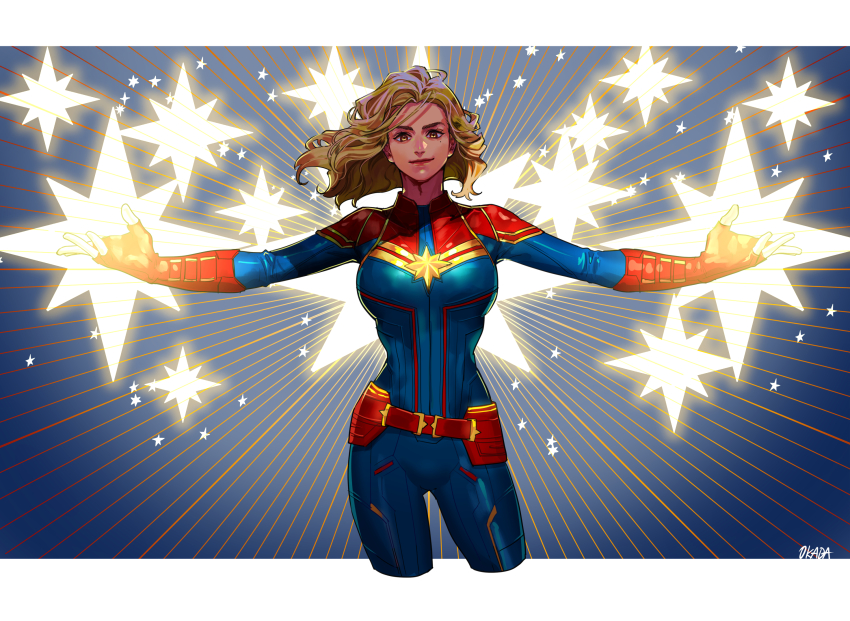 1girl, belt, blonde_hair, breasts, brown_eyes, captain_marvel_(marvel), captain_marvel_(movie), cowboy_shot, fingerless_gloves, floating_hair, gloves, glowing, highres, large_breasts, long_hair, marvel, okada_(hoooojicha), outstretched_arms, red_gloves, signature, solo