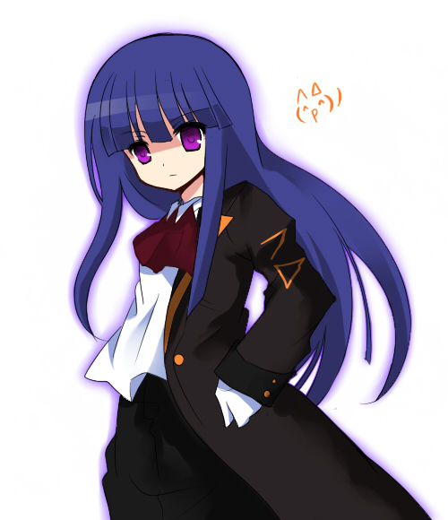1girl, blue_hair, cosplay, female_focus, formal_clothes, frederica_bernkastel, gloves, long_hair