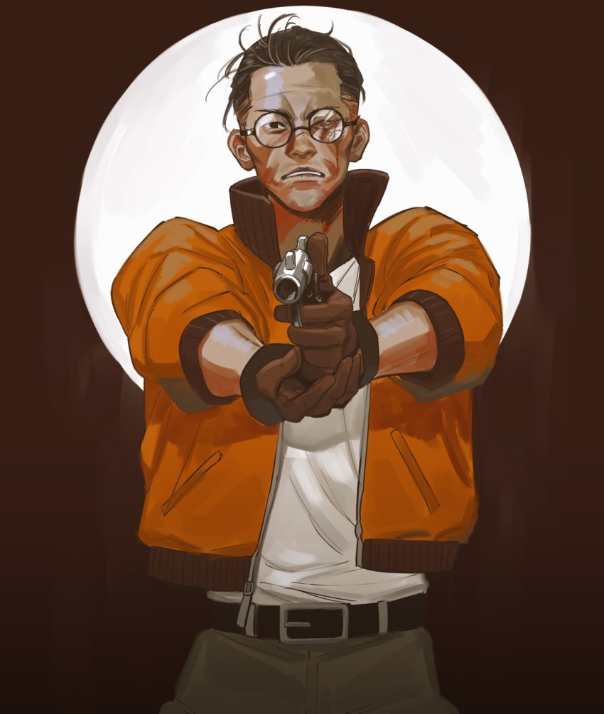 1boy, aiming, angry, bad_id, bad_postype_id, belt, black_hair, blood