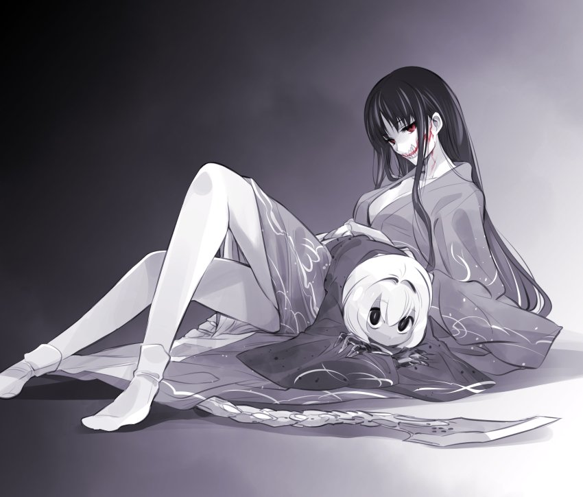 2girls, alternate_costume, black_theme, commentary, glasgow_smile, hair_between_eyes, highres, japanese_clothes