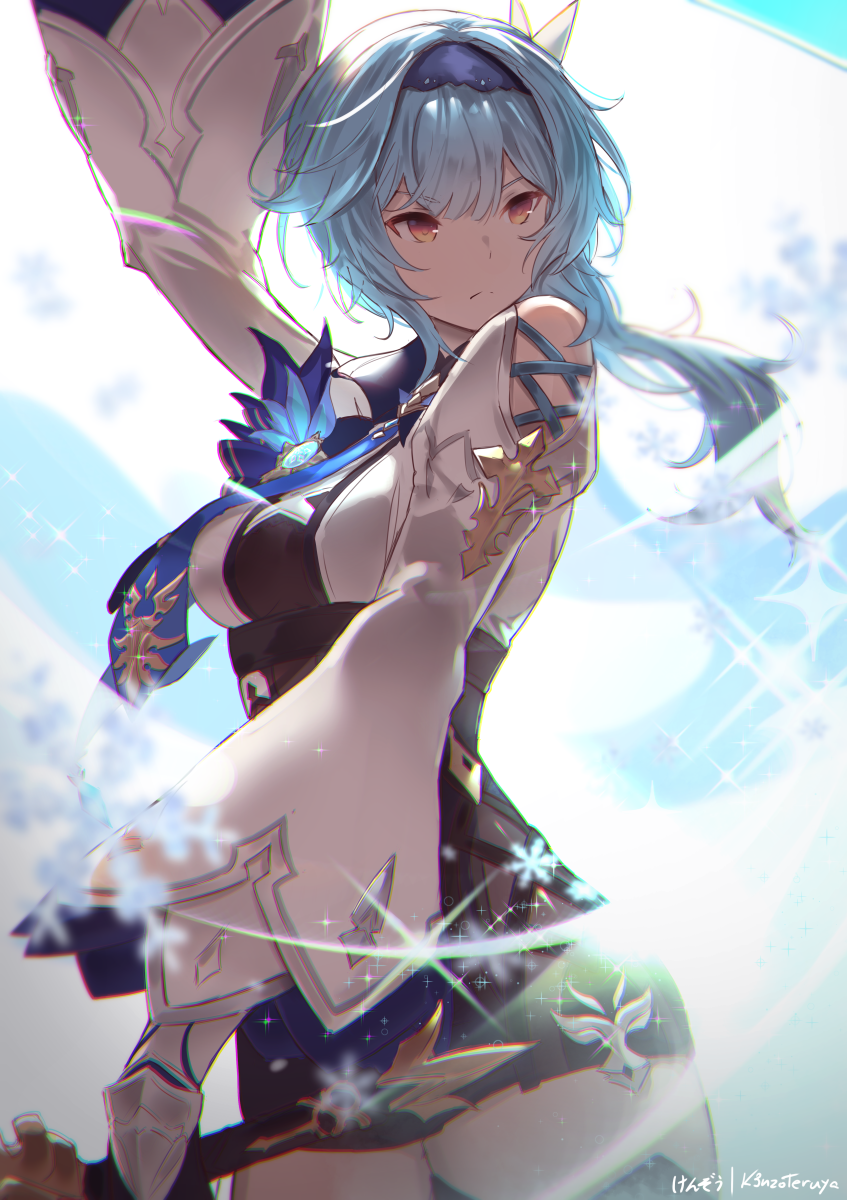 1girl, arm_up, artist_name, black_gloves, blue_hair, blue_necktie, bodystocking, boots