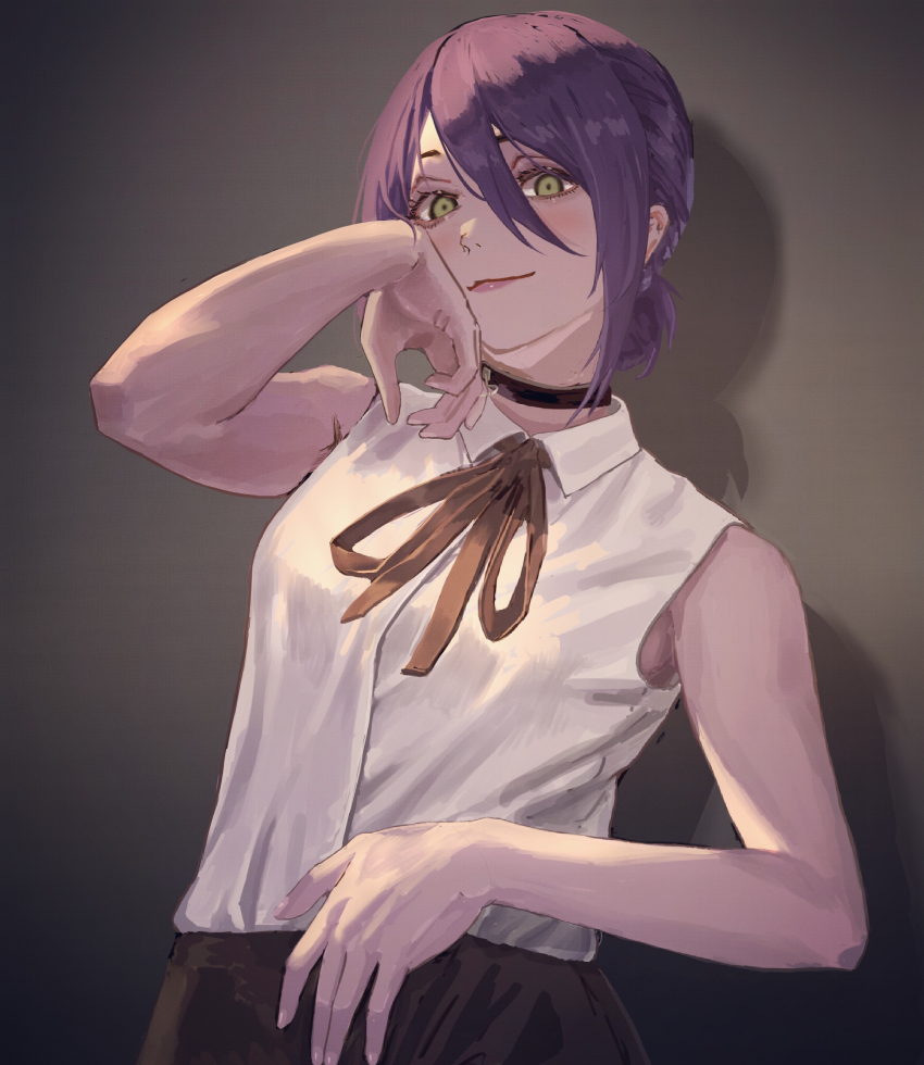 1girl, absurdres, black_choker, black_ribbon, blush, breasts, chainsaw_man, choker