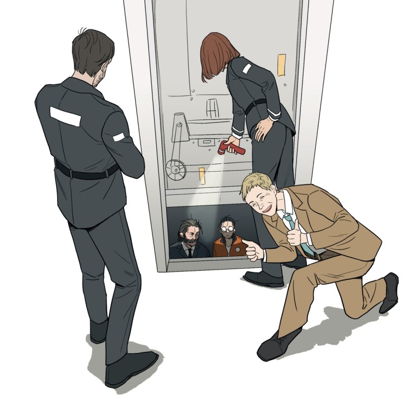 1girl, 4boys, bad_id, bad_postype_id, belt, black_hair, blonde_hair, bomber_jacket, brown_hair, cheetahman_(1ddghfr78cswc), closed_eyes, disco_elysium, double_thumbs_up, elevator, facial_hair, flashlight, formal_clothes, from_behind, glasses, hair_slicked_back, hand_on_own_hip, harry_du_bois, jacket, jean_vicquemare, judit_minot, kim_kitsuragi, multiple_boys, mustache, mutton_chops, necktie, pants, round_eyewear, shirt, shoes, short_hair, simple_background, smile, suit, thumbs_up, trant_heidelstam, uniform, very_short_hair, white_shirt