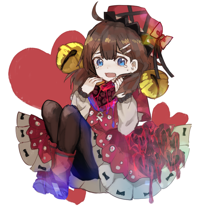 1girl, ahoge, akaimo_(akaimokou), bell, blue_eyes, boots, bow, brown_hair