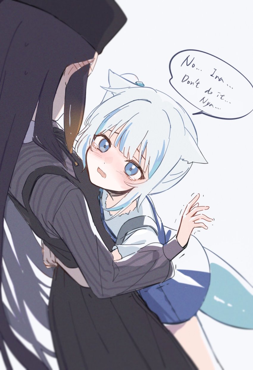 animal_ears, beret, blue_eyes, blue_hair, cat_ears, ears_down, english_text, fins