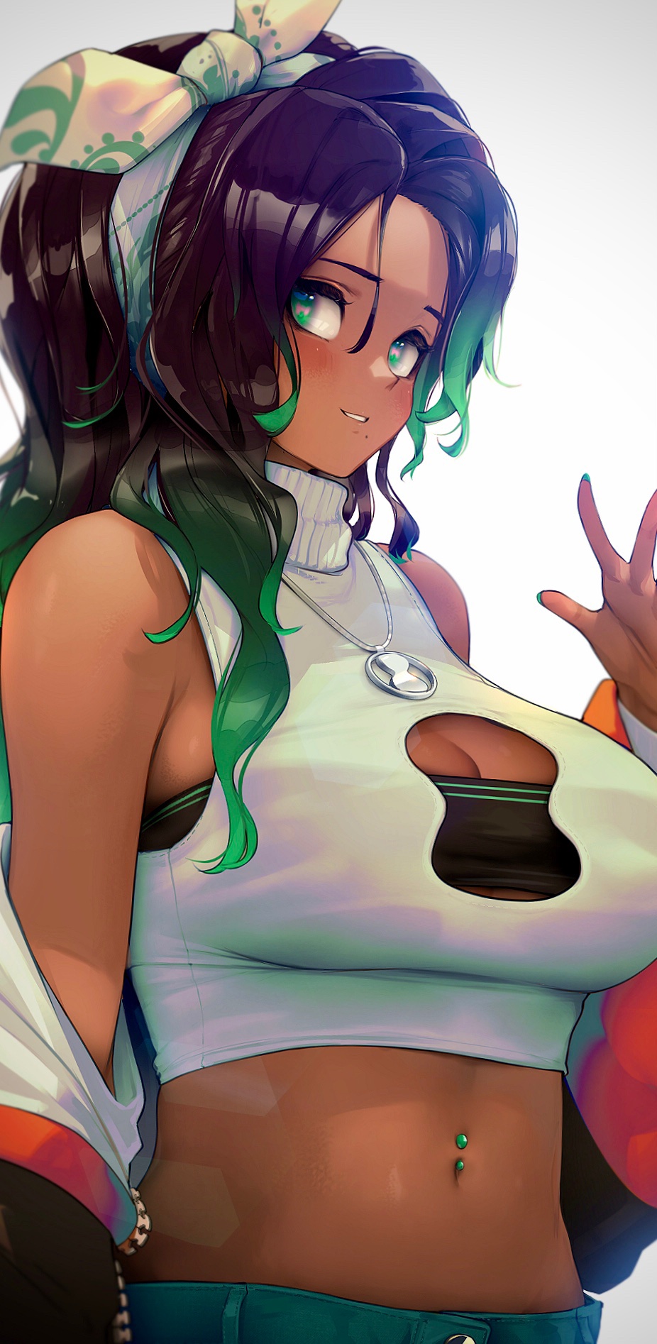 1girl, bandeau, blush, breasts, brown_hair, cleavage, cleavage_cutout, clothing_cutout