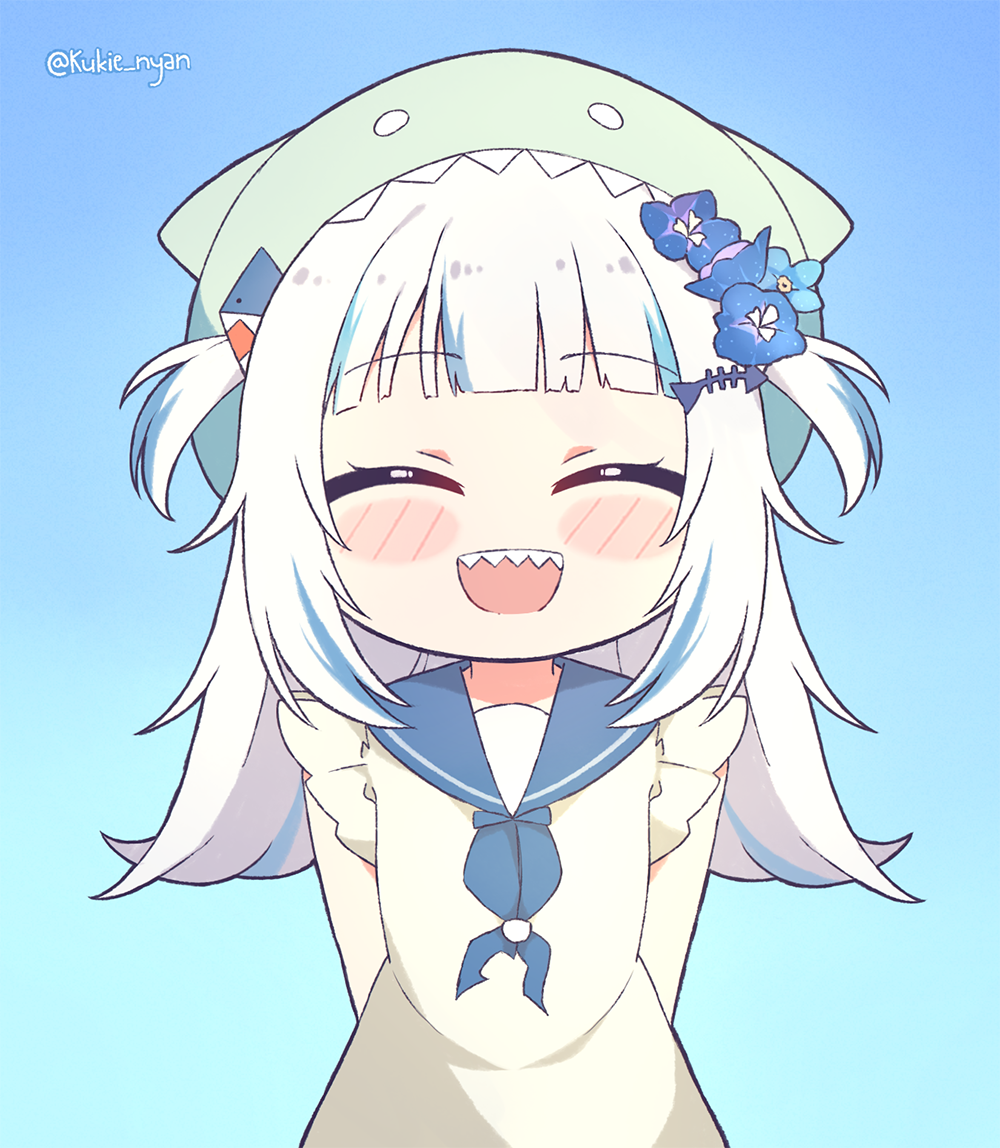 1girl, :d, ^_^, alternate_costume, arms_behind_back, blue_background, blue_hair, blunt_bangs