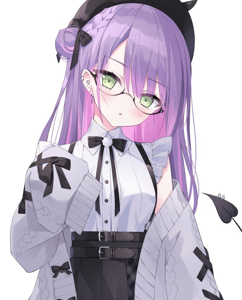 1girl, aran_sweater, beret, black-framed_eyewear, black_hat, blue_skirt, blush, braid