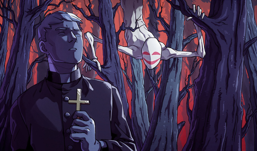 1boy, 1other, bare_tree, cross, faith_(game), forest, holding, holding_cross, john_ward, looking_up, male_focus, nature, no_pupils, outdoors, parted_lips, priest, red_sky, short_hair, sky, standing, tree, very_short_hair, wenny02