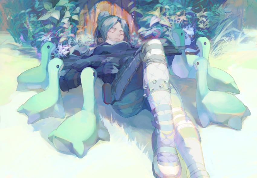 1girl, apex_legends, black_bodysuit, bodysuit, boots, breasts, closed_eyes, g7_scout