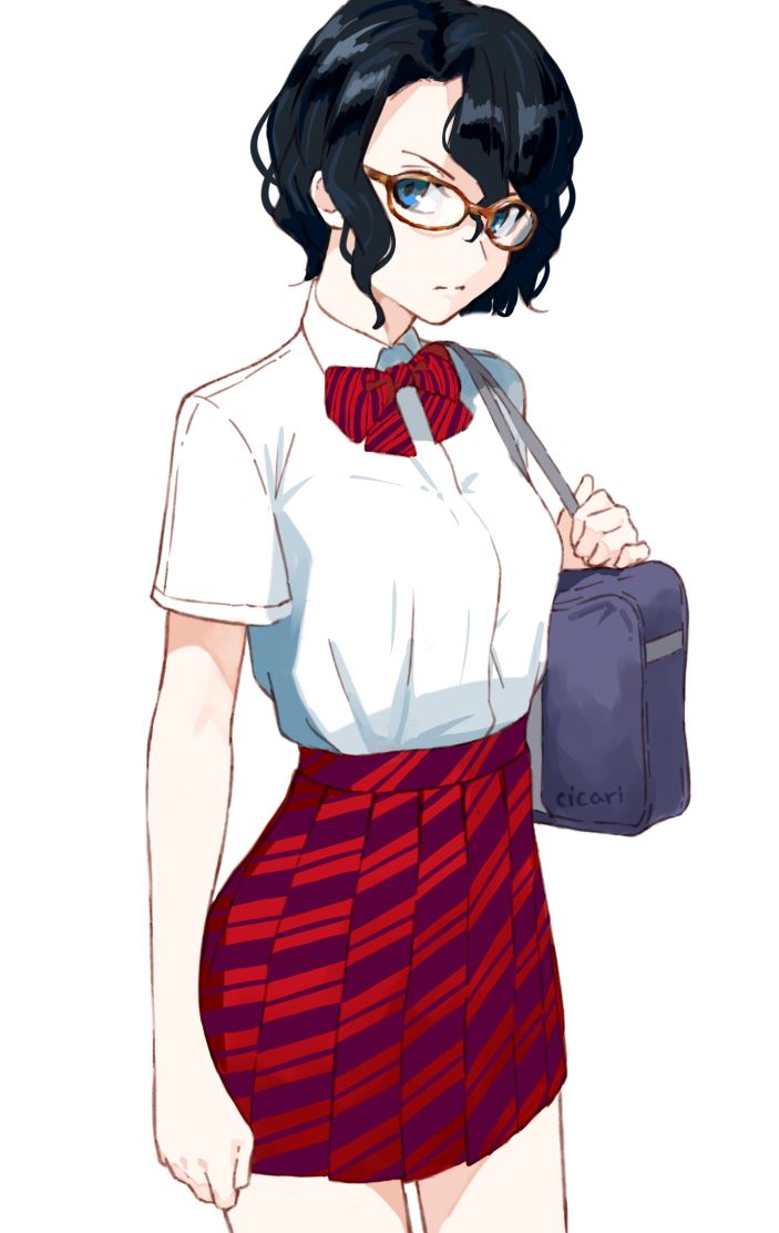 1girl, annoyed, arm_at_side, artist_name, bag, black_hair, blue_eyes, bow, bowtie, brown-framed_eyewear, cicari, closed_mouth, collared_shirt, commentary_request, cowboy_shot, glasses, hair_between_eyes, isagi_kiyoko, komi-san_wa_komyushou_desu, looking_at_viewer, red_bow, red_bowtie, red_skirt, school_bag, school_uniform, shirt, short_hair, short_sleeves, simple_background, skirt, solo, standing, striped_bow, striped_bowtie, striped_clothes, striped_neckwear, striped_skirt, wavy_hair, white_background, white_shirt