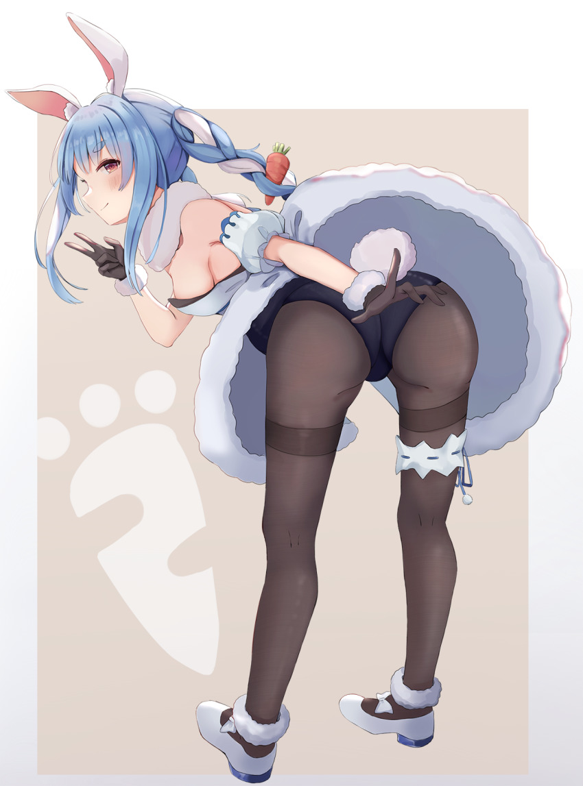 1girl, animal_ear_fluff, animal_ears, arm_cuffs, ass, bare_shoulders, bent_over, black_gloves
