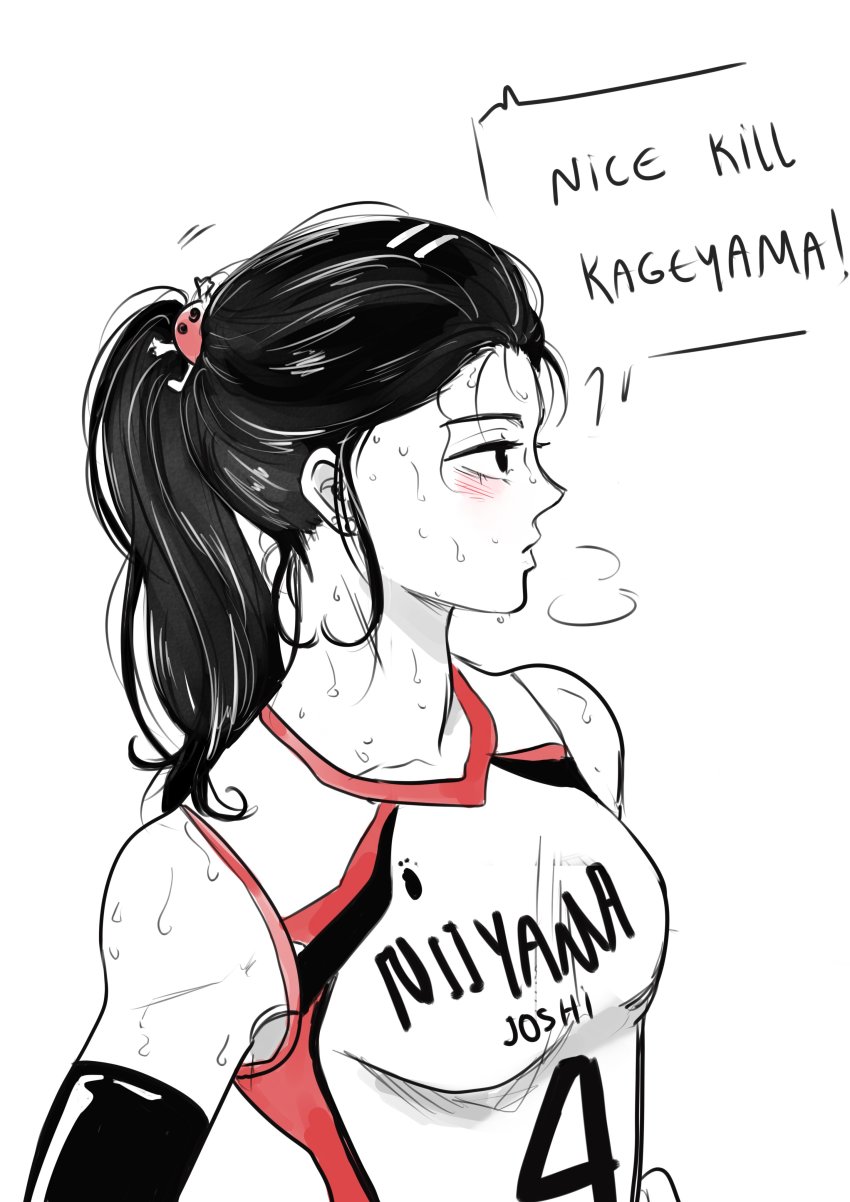 1girl, absurdres, bare_shoulders, black_hair, blush, breasts, elbow_pads, english_text, eyebrows, eyelashes, haikyuu!!, hair_ornament, hairclip, heavy_breathing, highres, jellygirl__020, kageyama_miwa, long_hair, medium_breasts, messy_hair, profile, shirt, speech_bubble, sportswear, sweat, volleyball_uniform, aged_down