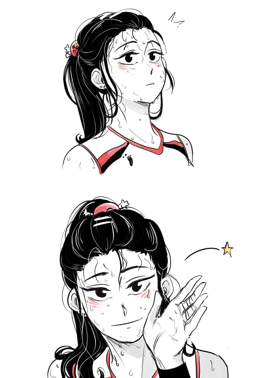 1girl, ^^^, absurdres, bandaged_fingers, bandages, bangs_pinned_back, bare_shoulders, black_hair, blush, earrings, eyebrows, eyelashes, haikyuu!!, hair_ornament, hand_up, highres, jellygirl__020, jewelry, kageyama_miwa, long_hair, messy_hair, pov, shirt, smile, sportswear, star_(symbol), stud_earrings, volleyball_uniform, waving, aged_down