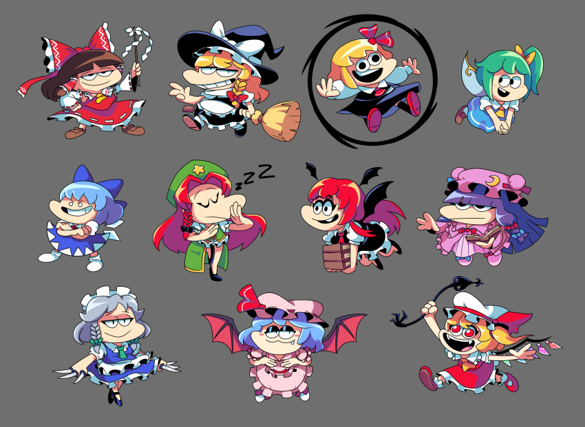 6+girls, :d, absurdres, aqua_hair, bat_wings, blonde_hair, book, bow, braid, brown_hair, chibi, cirno, commentary, daiyousei, english_commentary, everyone, closed_eyes, fang, fang_out, fangs, flandre_scarlet, flying, gohei, green_hair, grey_background, hair_bow, hakurei_reimu, hat, highres, holding, holding_book, hong_meiling, izayoi_sakuya, kirisame_marisa, koakuma, maid, maid_headdress, mob_cap, multiple_girls, open_mouth, patchouli_knowledge, red_eyes, red_footwear, red_hair, remilia_scarlet, rumia, running, shide, silver_hair, simple_background, smile, sr_pelo, embodiment_of_scarlet_devil, touhou, wings, witch_hat, zzz