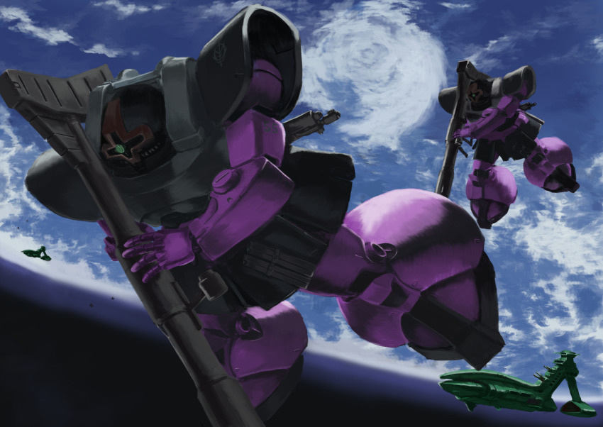 earth_(planet), gun, gundam, highres, mecha, mobile_suit_gundam, musai, no_humans, one-eyed, planet, rick_dom, robot, rocket_launcher, space, spacecraft, turret, tyokugekidato, weapon, zeon