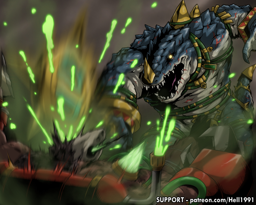 1boy, 1other, battle, black_sclera, blood, blue_scales, claws, colored_blood