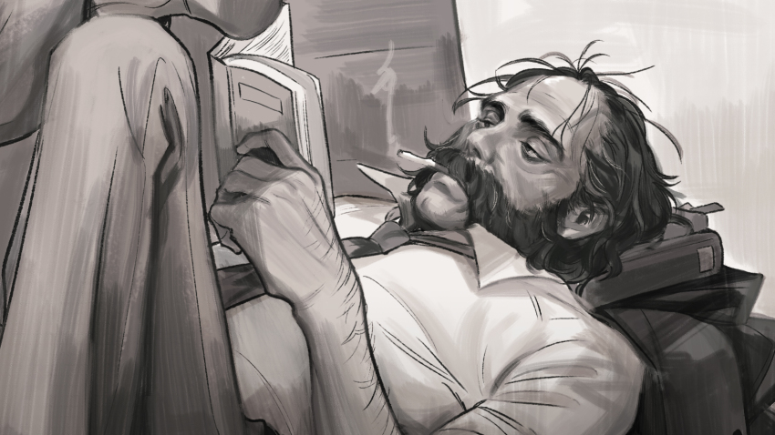 1boy, beard, book, cheetahman_(1ddghfr78cswc), cigarette, disco_elysium, facial_hair, greyscale