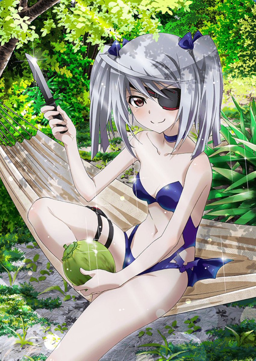 1girl, absurdres, artist_request, blue_one-piece_swimsuit, breasts, casual_one-piece_swimsuit, cleavage, coconut, cowboy_shot, eyepatch, grey_hair, hammock, highres, hunting_knife, infinite_stratos, itting, laura_bodewig, long_hair, looking_at_viewer, nature, navel, official_art, one-piece_swimsuit, red_eyes, small_breasts, smile, solo, sparkle, strapless, strapless_one-piece_swimsuit, swimsuit, third-party_source, twintails