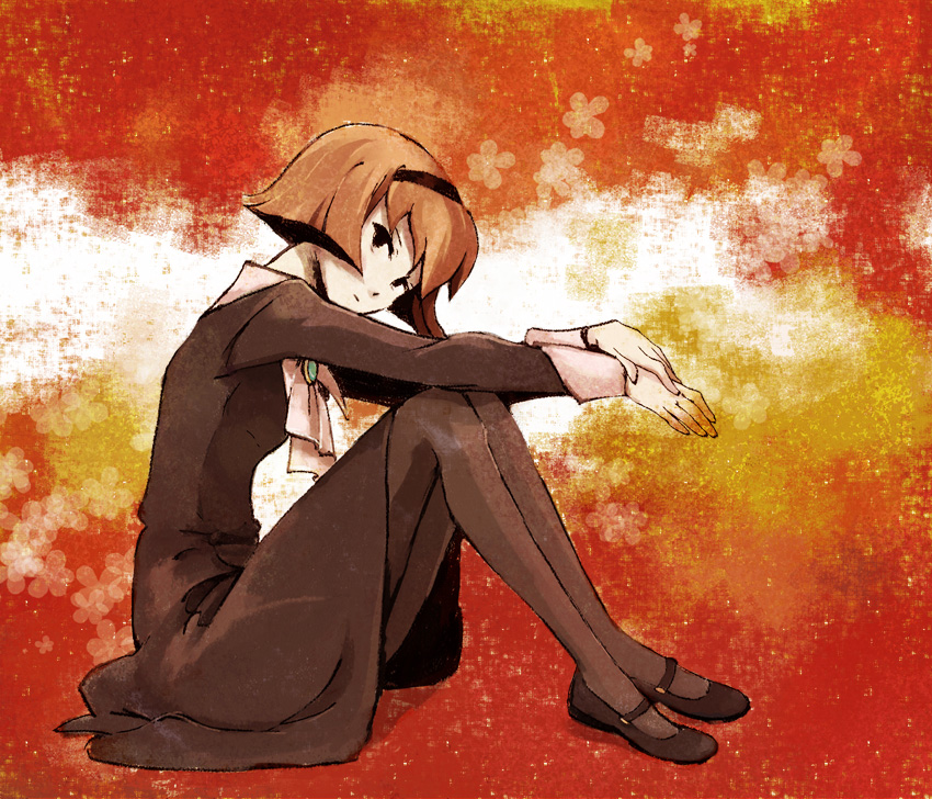 1girl, android, black_dress, black_eyes, bob_cut, dress, female_focus, gloves, hairband, kuzira_kirara, looking_at_viewer, pale_skin, pantyhose, r_dorothy_wayneright, red_background, red_hair, sitting, solo, the_big_o