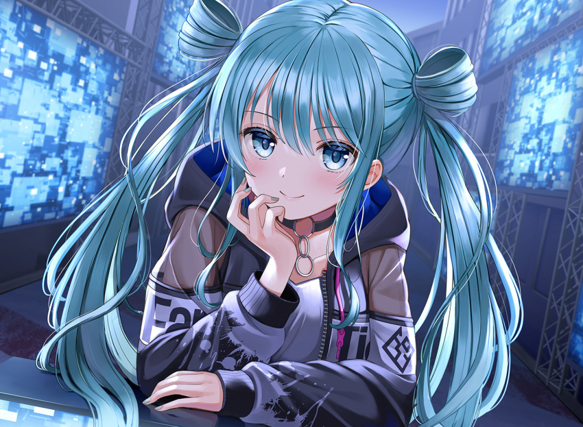1girl, aqua_hair, black_jacket, blue_eyes, blurry, blurry_background, closed_mouth, collarbone