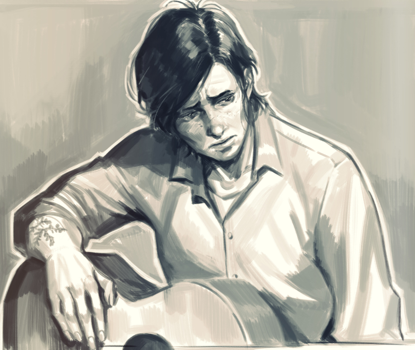 1girl, cheetahman_(1ddghfr78cswc), ellie_(the_last_of_us), frown, guitar, hair_pulled_back, highres, instrument, looking_down, monochrome, music, playing_instrument, sad, shirt, simple_background, sleeves_rolled_up, solo, tattoo, the_last_of_us_(series), the_last_of_us_part_ii, upper_body