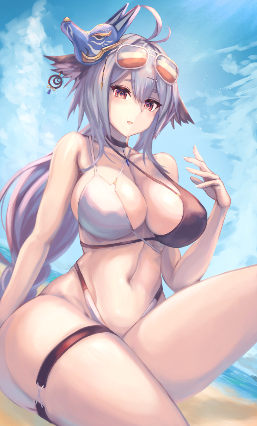 1girl, azur_lane, beach, bikini, black_bikini, blue_sky, breasts, cloud