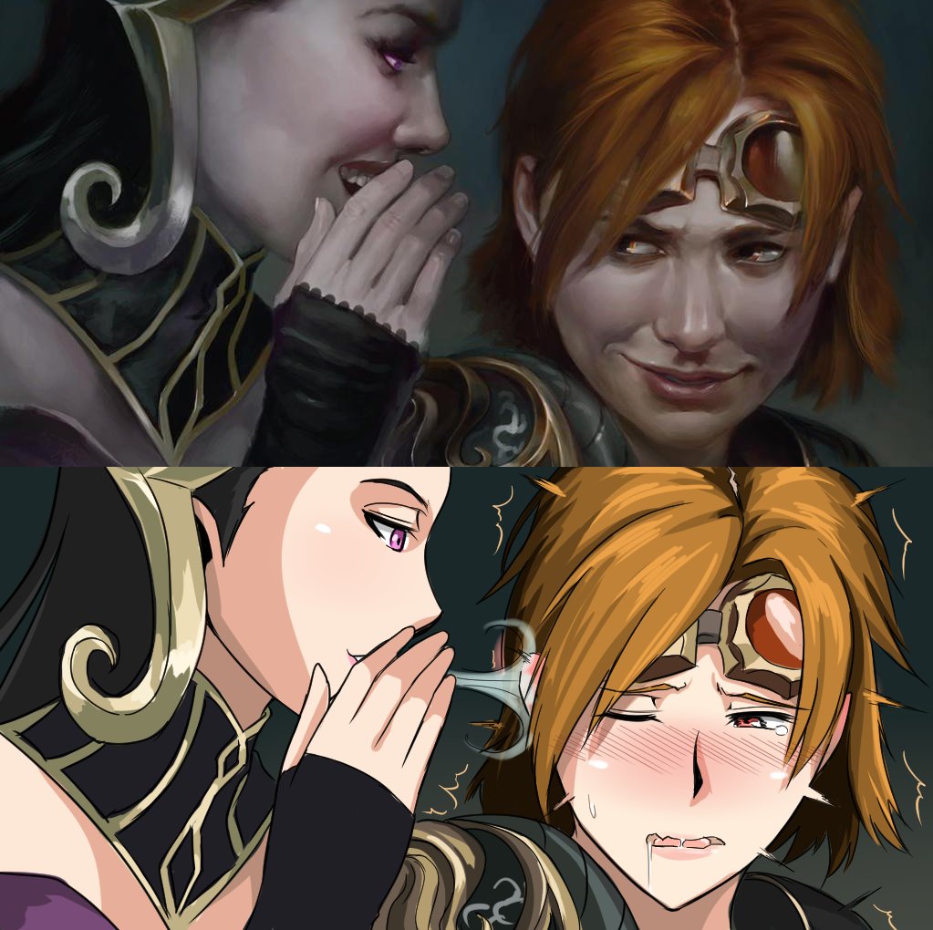 2girls, armor, black_hair, blowing_in_ear, blurry, blurry_background, blush, chandra_nalaar