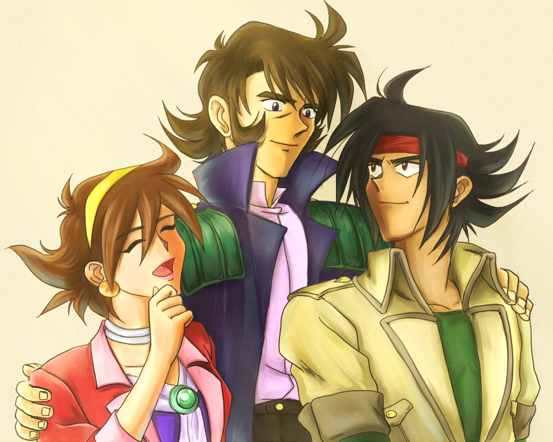 1990s_(style), 1girl, 2boys, b-saku, brothers, closed_eyes, domon_kasshu, family_bonding