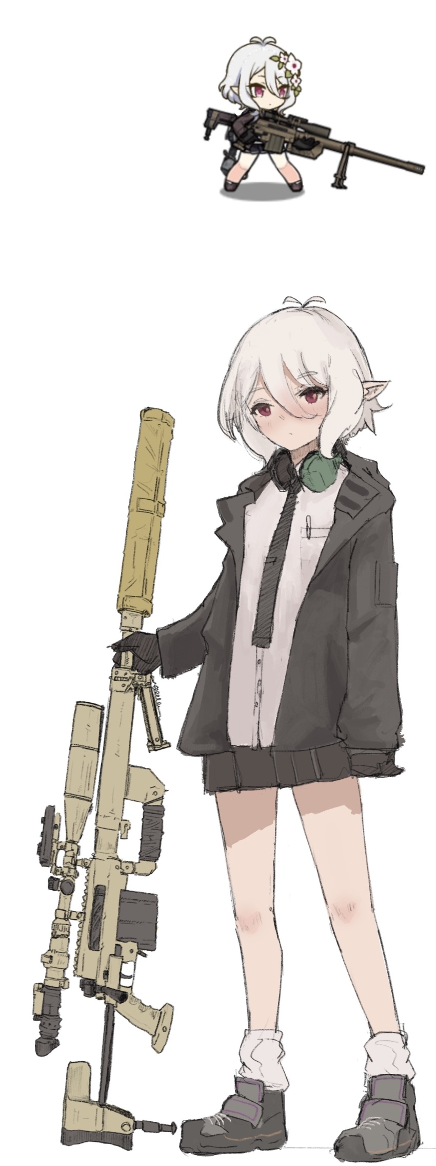 2girls, absurdres, ahoge, antenna_hair, bare_legs, black_gloves, black_jacket, black_skirt, bolt_action, boots, cheytac_m200, chibi, closed_mouth, commentary, cosplay, costume_switch, elf, english_commentary, eyebrows, flat_chest, flower, freshprincejune, girls'_frontline, gloves, grey_footwear, grey_hair, gun, hair_flower, hair_ornament, headphones, headphones_around_neck, highres, holding, holding_weapon, jacket, kokkoro_(princess_connect!), looking_at_viewer, m200_(girls'_frontline), m200_(girls'_frontline)_(cosplay), miniskirt, multiple_girls, necktie, pointy_ears, princess_connect!, purple_eyes, rifle, scope, shirt, sidelocks, sketch, skirt, sniper_rifle, socks, suppressor, tripod, weapon, white_legwear, white_shirt