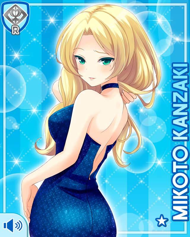 1girl, ass, black_legwear, blonde_hair, blue_background, blue_dress, breasts, character_name