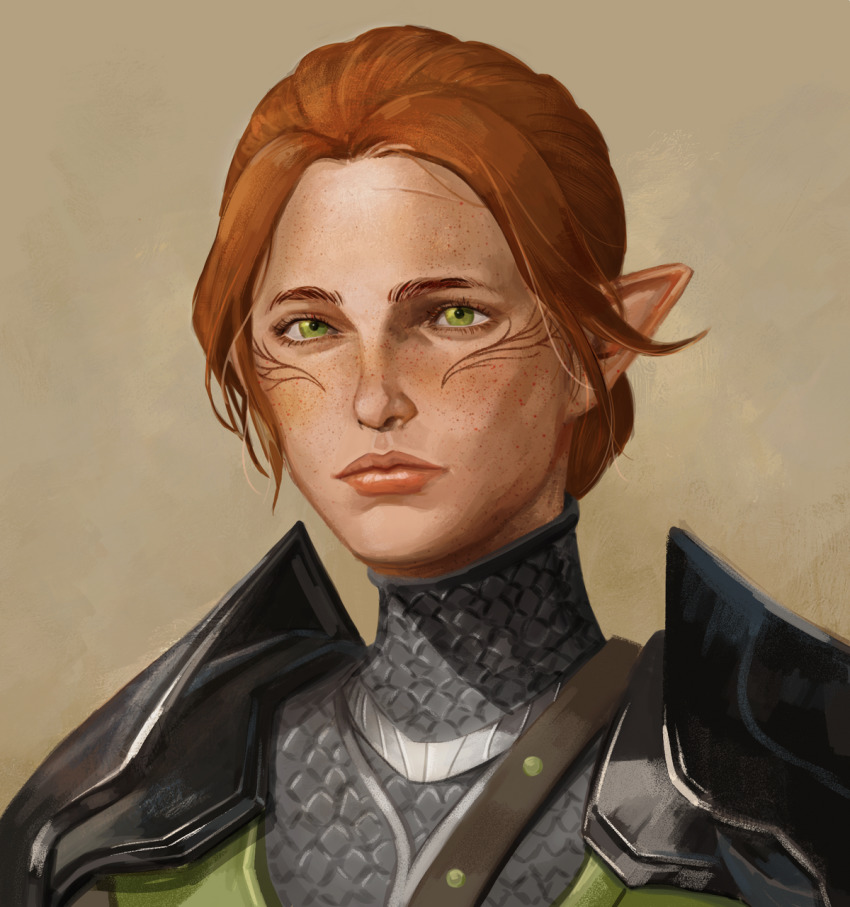 1girl, armor, chainmail, cheetahman_(1ddghfr78cswc), dragon_age, dragon_age:_inquisition, elf, facial_tattoo, freckles, green_eyes, hair_bun, highres, inquisitor_(dragon_age), lips, parted_bangs, pauldrons, pointy_ears, portrait, red_hair, shoulder_armor, simple_background, single_hair_bun, solo, tattoo, upper_body