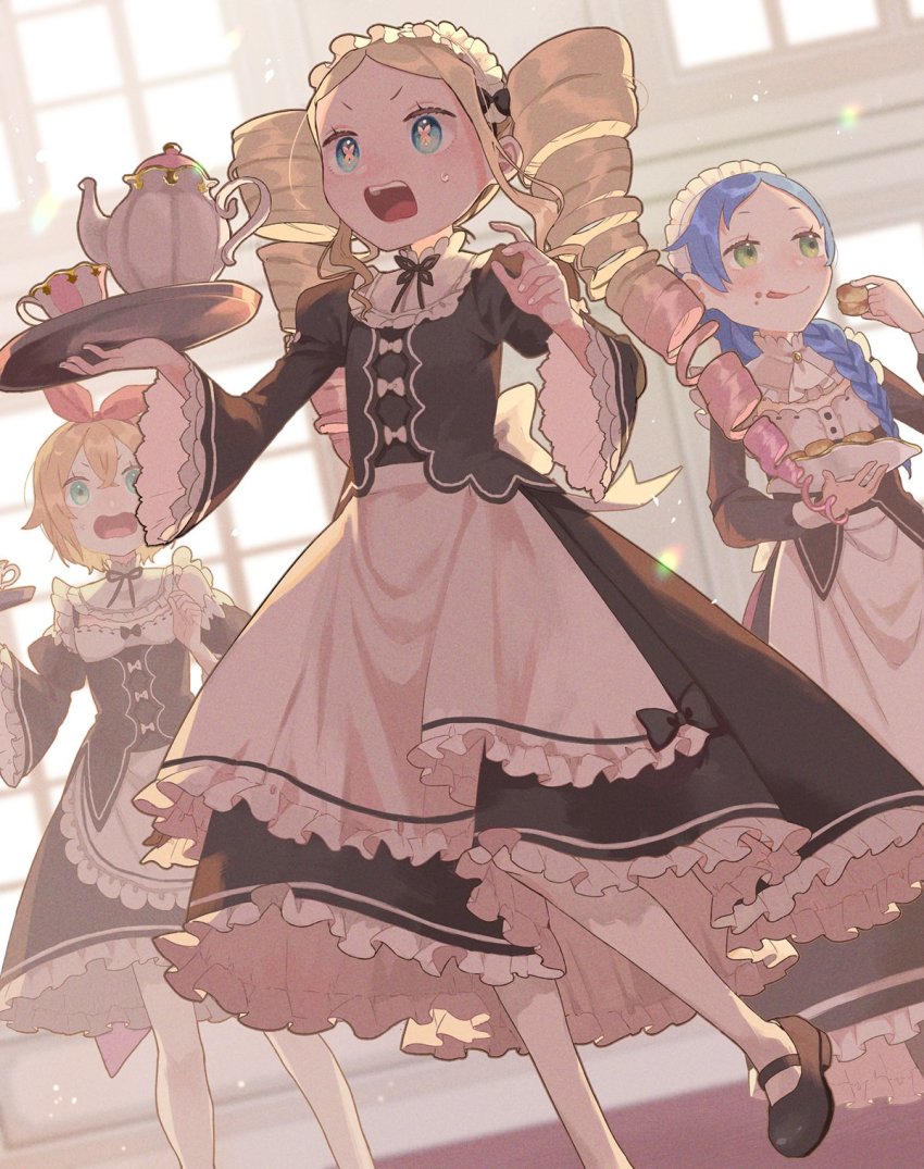 3girls, apron, beatrice_(re:zero), blonde_hair, blue_eyes, blue_hair, butterfly-shaped_pupils, commentary_request, cup, dress, drill_hair, eating, eyelashes, food, food_on_face, frills, from_below, green_eyes, highres, holding, long_hair, long_sleeves, maid, maid_headdress, meili_portroute, multiple_girls, open_mouth, orange_hair, pantyhose, parupin, petra_leyte, re:zero_kara_hajimeru_isekai_seikatsu, shoes, sweatdrop, symbol-shaped_pupils, teacup, teapot, teeth, tongue, tray, twin_drills, upper_teeth_only, v-shaped_eyebrows, waist_apron, white_legwear