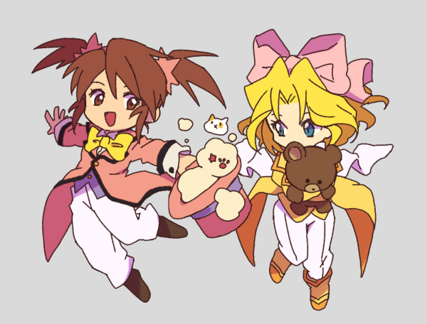 2girls, arms_up, bad_id, bad_pixiv_id, blonde_hair, blue_eyes, blue_vest, boots