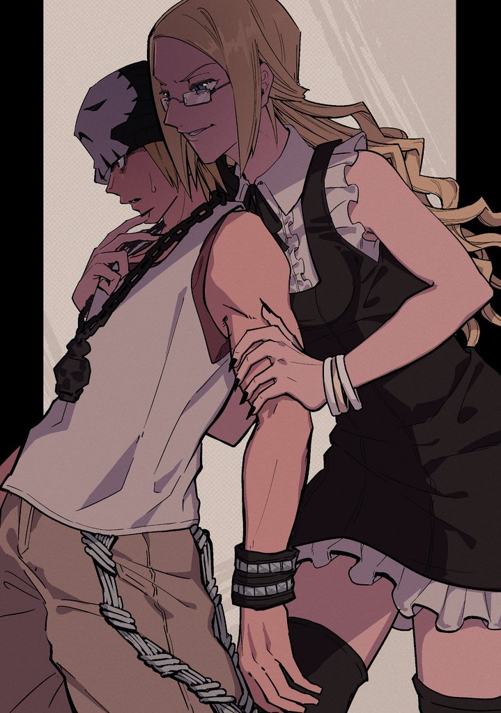 1boy, 1girl, beanie, bito_daisukenojo, black_dress, black_leggings, black_nails, blonde_hair