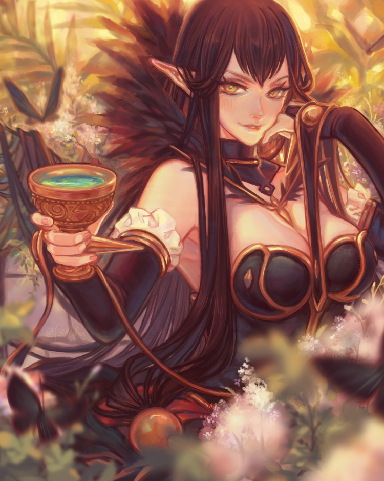 1girl, absurdly_long_hair, armpits, bare_shoulders, black_butterfly, black_dress, black_gloves, black_hair