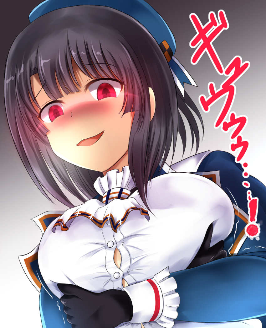 1girl, beret, black_background, black_gloves, black_hair, blue_hat, breast_hold, breasts