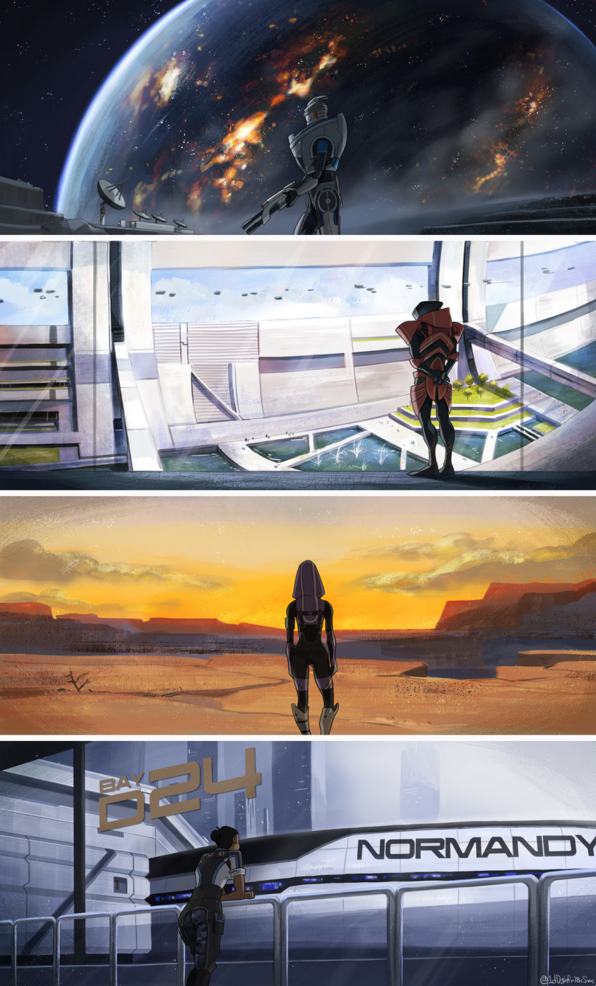 2boys, 2girls, against_railing, alien, alternate_skin_color, armor, arms_behind_back, black_hair, bodysuit, cheetahman_(1ddghfr78cswc), commander_shepard, commander_shepard_(female), dark-skinned_female, dark_skin, darkened_skin, desert, from_behind, from_side, garrus_vakarian, gun, hair_bun, helmet, highres, holding, holding_weapon, hood, hood_up, javik_(mass_effect), mass_effect_(series), mass_effect_3, mountainous_horizon, multiple_boys, multiple_girls, planet, quarian, railing, satellite_dish, science_fiction, single_hair_bun, space, spacecraft, star_(sky), sunset, tali'zorah, weapon
