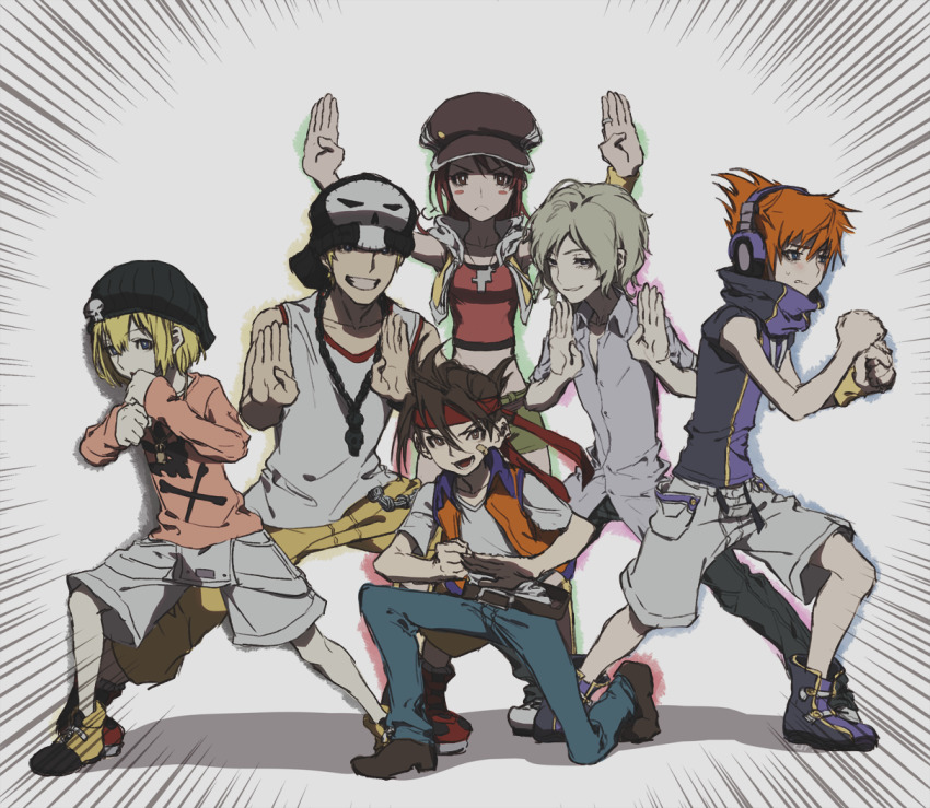 2girls, 4boys, bandana, beanie, bito_daisukenojo, bito_raimu, blonde_hair, blush_stickers