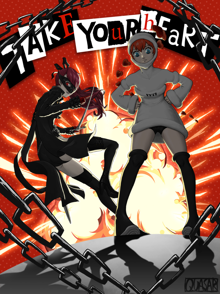 2girls, android, arms_up, black_coat, black_footwear, black_mask, black_ribbon, black_shorts, blue_eyes, boots, bright_pupils, chain, coat, collar, collared_coat, naturally_detached_hair, dotted_background, explosion, frilled_sleeves, frills, hair_ribbon, hands_on_own_hips, heart, high_ponytail, highres, holding, holding_sword, holding_weapon, hood, hood_up, hoodie, leg_up, long_sleeves, mask, masquerade_mask, multiple_girls, open_mouth, persona, persona_5, persona_5_scramble:_the_phantom_strikers, persona_5_the_royal, ponytail, rapier, red_background, red_eyes, red_hair, ribbon, short_shorts, shorts, simple_background, sophia_(p5s), spread_legs, sulli, swept_bangs, sword, teeth, thigh_boots, thighhighs, trench_coat, v_arms, v_legs, watermark, weapon, white_hoodie, white_pupils, wide_sleeves, yoshizawa_kasumi