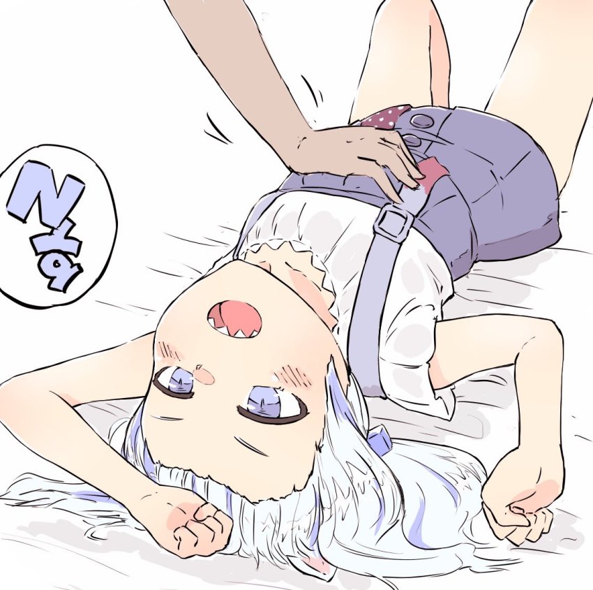 animal_ears, belly_rub, blue_eyes, cat_ears, fins, fish_tail, gawr_gura, gawr_gura_(casual), headpat, hololive, hololive_english, holomyth, multicolored_hair, nekomimi_sukinosuke, shark_tail, sharp_teeth, streaked_hair, tail, teeth, virtual_youtuber