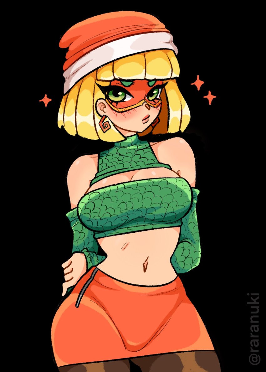 1girl, alternate_costume, arms_(game), arms_behind_back, bare_shoulders, beanie, black_background, blonde_hair