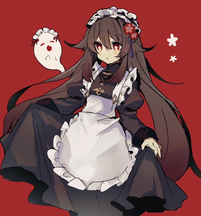 1girl, :o, alternate_costume, apron, brown_hair, curtsey, eyebrows, eyelashes, female_focus, flower, flower-shaped_pupils, hair_flower, flower_on_head, genshin_impact, ghost, hair_between_eyes, highres, hu_tao_(genshin_impact), light_blush, long_hair, long_sleeves, maid, maid_apron, maid_headdress, merry_san_xmas, pale_skin, red_background, red_eyes, red_flower, sidelocks, three-quarter_sleeves, solo_focus, symbol-shaped_pupils, twintails, very_long_hair