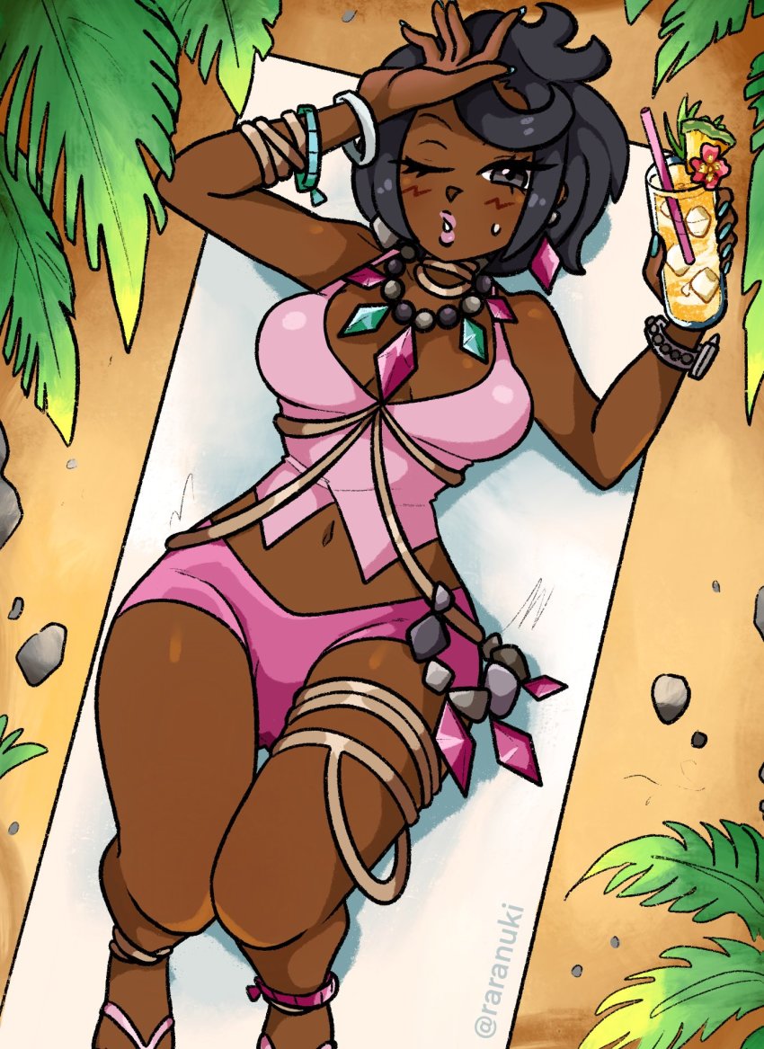 1girl, beach, black_hair, bracelet, cup, dark-skinned_female, dark_skin, drink, drinking_glass, drinking_straw, feet_out_of_frame, from_above, grey_eyes, hand_to_head, hand_up, highres, ice, ice_cube, jewelry, knees_together_feet_apart, knees_up, lying, nail_polish, navel, necklace, nintendo, olivia_(pokemon), one_eye_closed, palm_leaf, palm_tree, pink_lips, pokemon, pokemon_sun_and_moon, raranuki, rock, sand, sandals, short_hair, solo, sweatdrop, thigh_strap, towel, tree