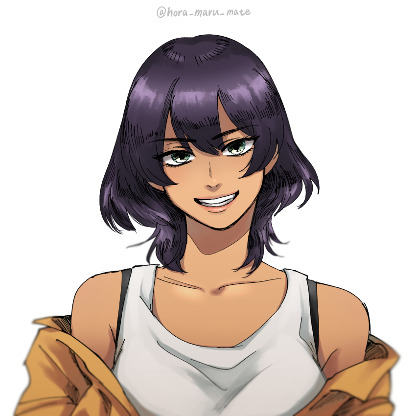 1girl, black_hair, commentary, dark-skinned_female, dark_skin, girls_und_panzer, green_eyes, grin