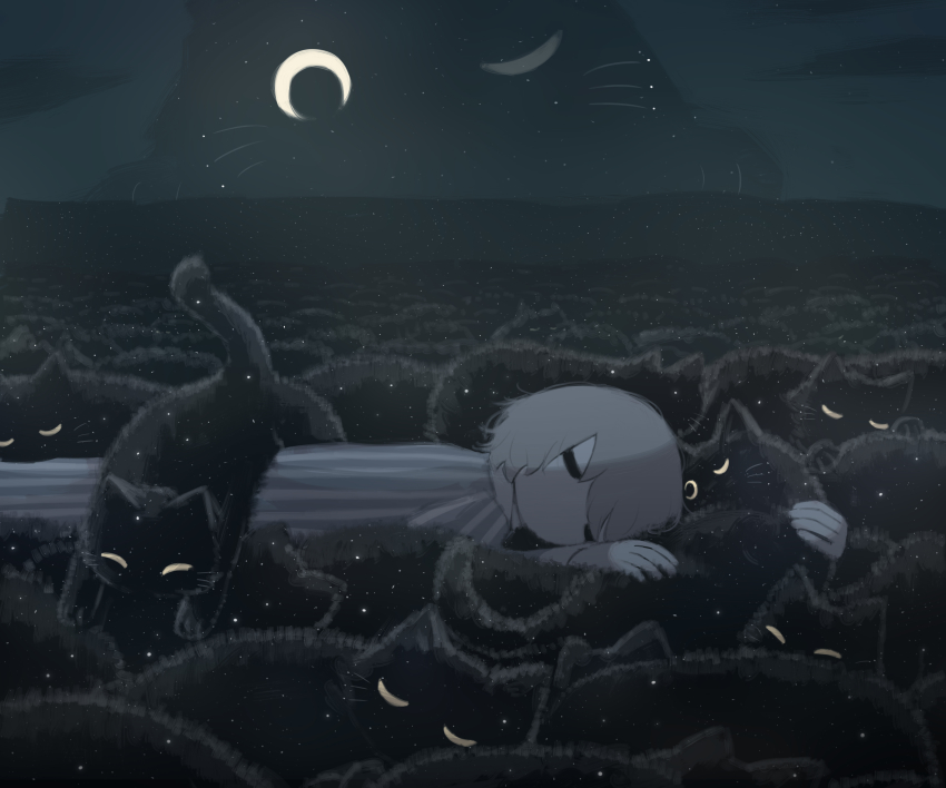 1boy, ^_^, absurdres, animal, animal_hug, animal_on_ass, avogado6, black_cat, black_eyes, blue_shirt, cat, closed_eyes, commentary_request, crescent, dark, grey_hair, highres, hug, light_particles, long_sleeves, looking_at_another, lying, male_focus, night, on_stomach, one_eye_closed, original, oversized_animal, pajamas, pale_skin, pants, shirt, sleeping, solo, sploot, striped_clothes, striped_pants, striped_shirt, too_many, too_many_cats, vertical-striped_clothes, vertical-striped_pants, vertical-striped_shirt