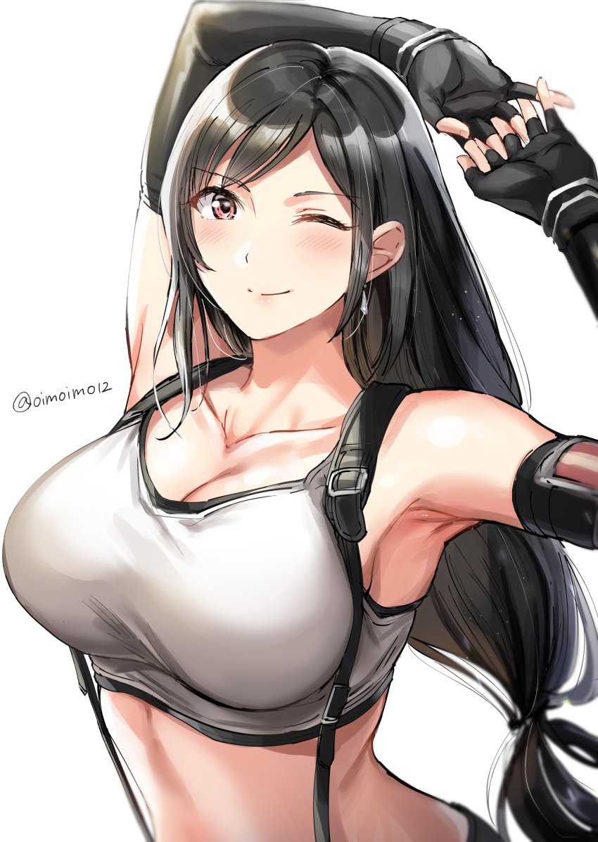 1girl, absurdres, armpits, arms_up, black_gloves, black_hair, breasts, closed_mouth