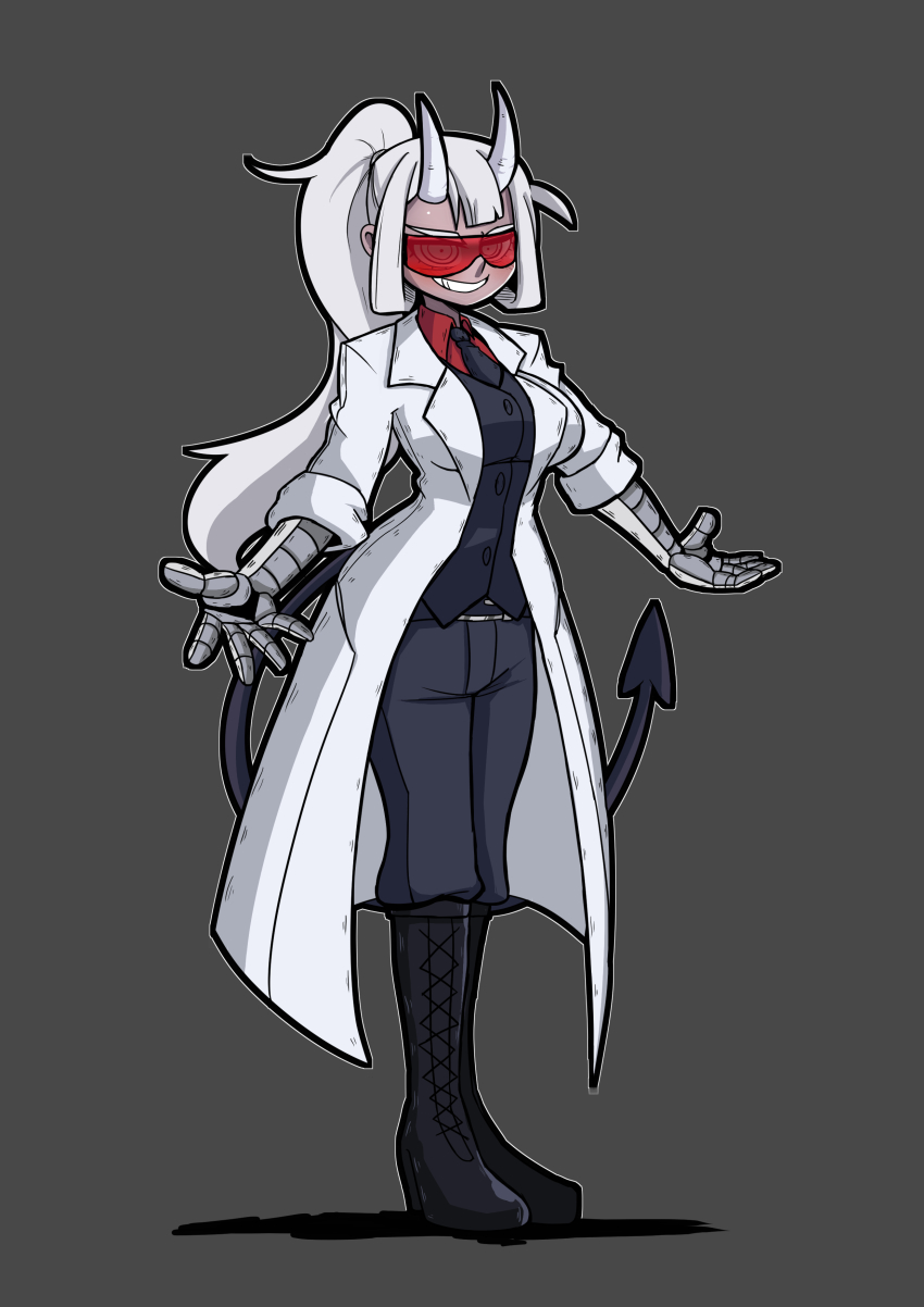 1girl, absurdres, azazel_(helltaker), black_legwear, boots, breasts, corruption, demon_girl, demon_horns, demon_tail, female_focus, formal_clothes, glasses, goggles, grey_background, grin, hair_between_eyes, helltaker, highres, horns, lab_coat, long_hair, loremaster_(helltaker), mr_a-lee, necktie, pants, ponytail, prosthesis, prosthetic_arm, red-tinted_eyewear, red-tinted_glasses, red_eyes, smile, solo, sunglasses, tail, tinted_eyewear, vest, visor, white_hair