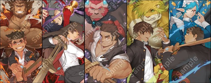 1boy, abs, babalon_(housamo), bandaid, bandaid_on_cheek, bandaid_on_face, bandaid_on_nose, bara, bare_pectorals, beard, black_hair, blouse, bulge, chernobog_(housamo), cyphers, damian_doyle_(cyphers), dark-skinned_male, dark_skin, facial_hair, furry, furry_male, gomtang, jinn_(housamo), large_pectorals, macan_(housamo), male_focus, male_pubic_hair, mature_male, melusine_(housamo), mohawk, muscular, muscular_male, navel, navel_hair, nipples, pectoral_cleavage, pectorals, pointy_ears, protagonist_1_(housamo), protagonist_2_(housamo), protagonist_3_(housamo), protagonist_4_(housamo), protagonist_5_(housamo), pubic_hair, sample_watermark, shirt, short_hair, sideburns, sidepec, sleeves_rolled_up, solo, stomach, stubble, thick_thighs, thighs, third-party_source, watermark, white_shirt